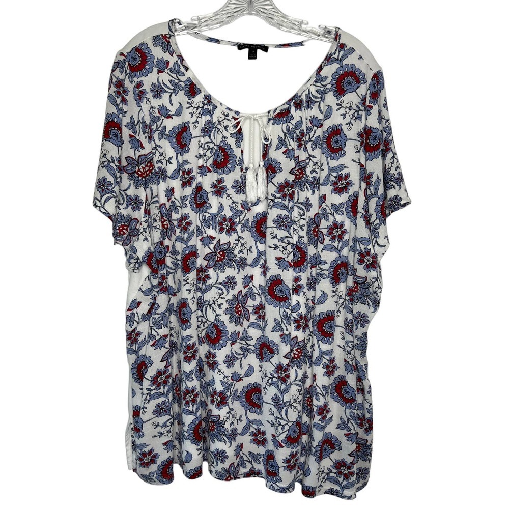 Lane Byrant Top Red/Blue Floral Print Gauzy Tassel-String Neck Tie Plus Size 24